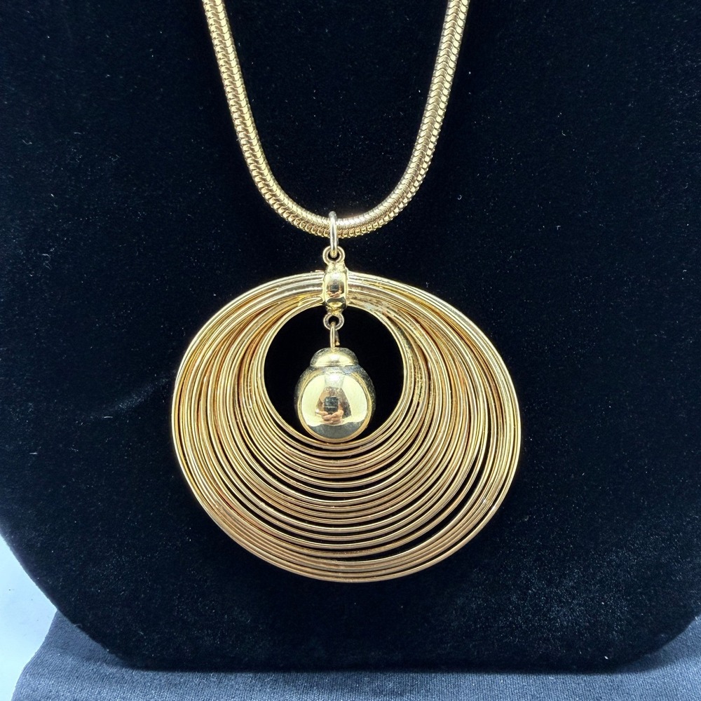 Pendant Necklace Women Gold Tone Concentric Circle Spiral Ball Snake Chain 24"